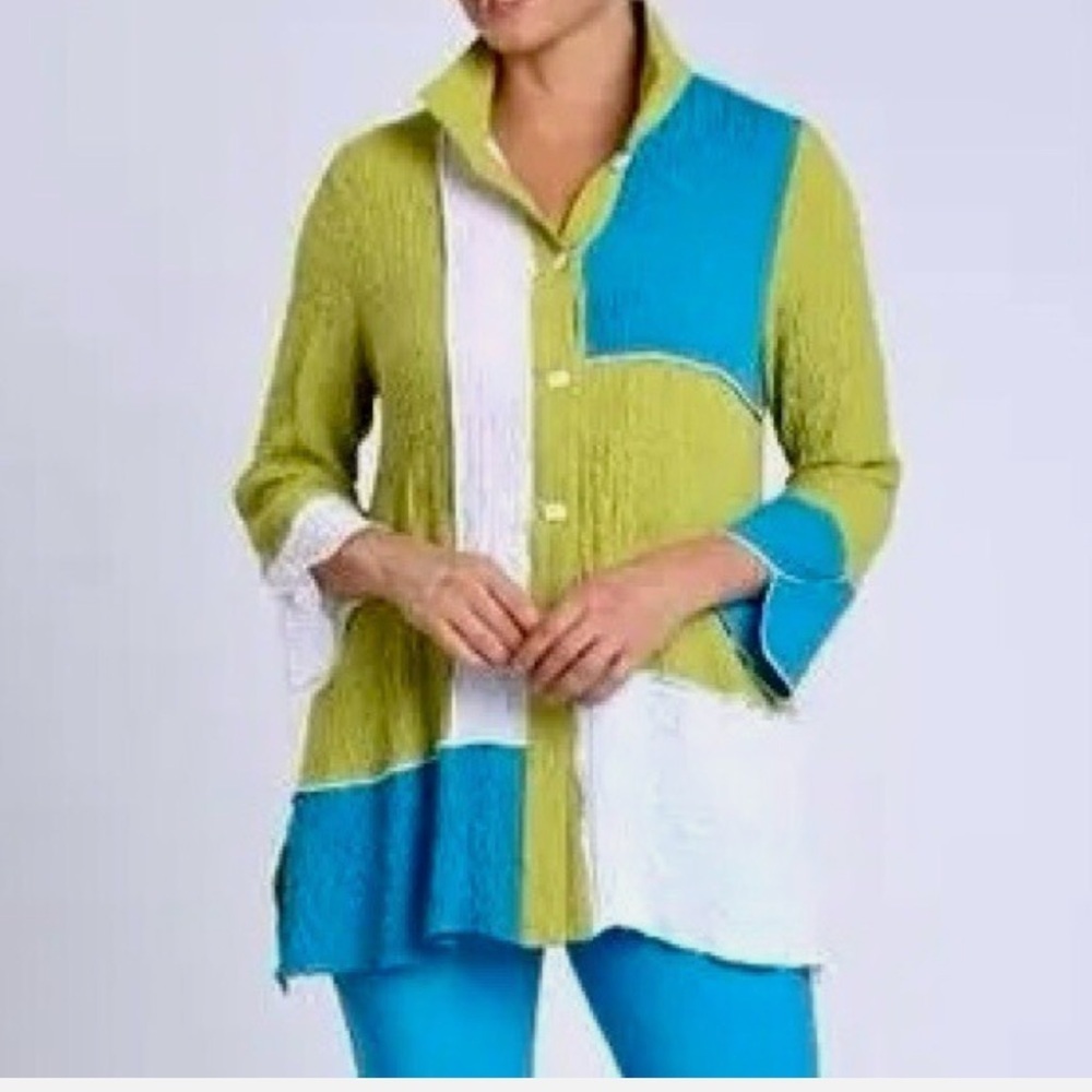 Ali Miles Chartreuse Crinkle Colorblock Tunic Top Wire Collar, Artsy